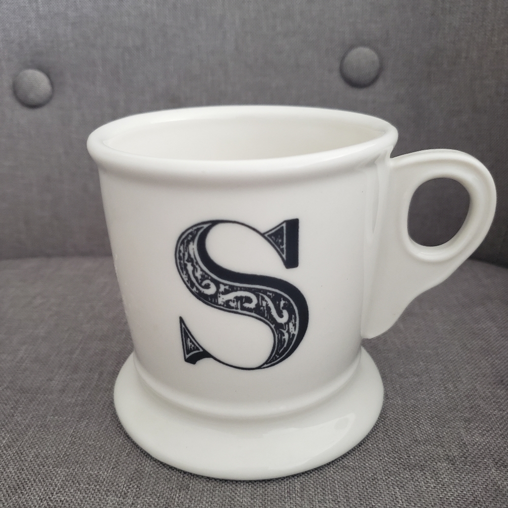 Anthropologie Retro Monogram S Letter Mug White With Black Initial Shaving Style